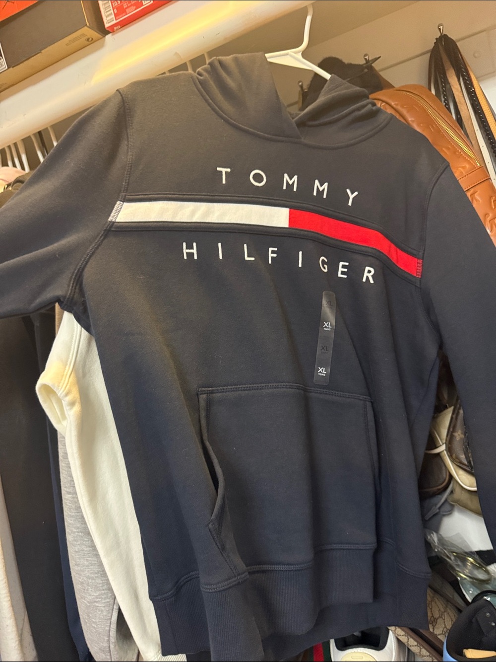 Tommy Hilfiger Men’s Navy Hoodie with Red & White Stripe